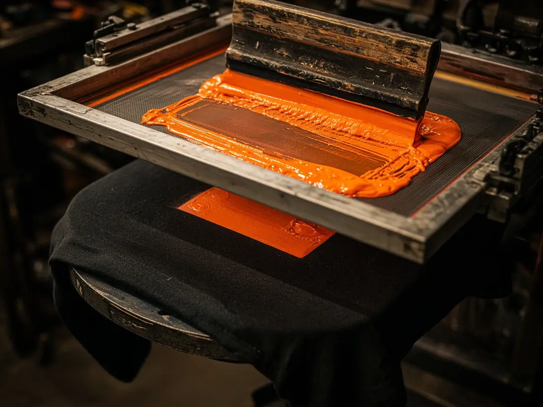 Orange ink being pulled across a screen onto a black shirt