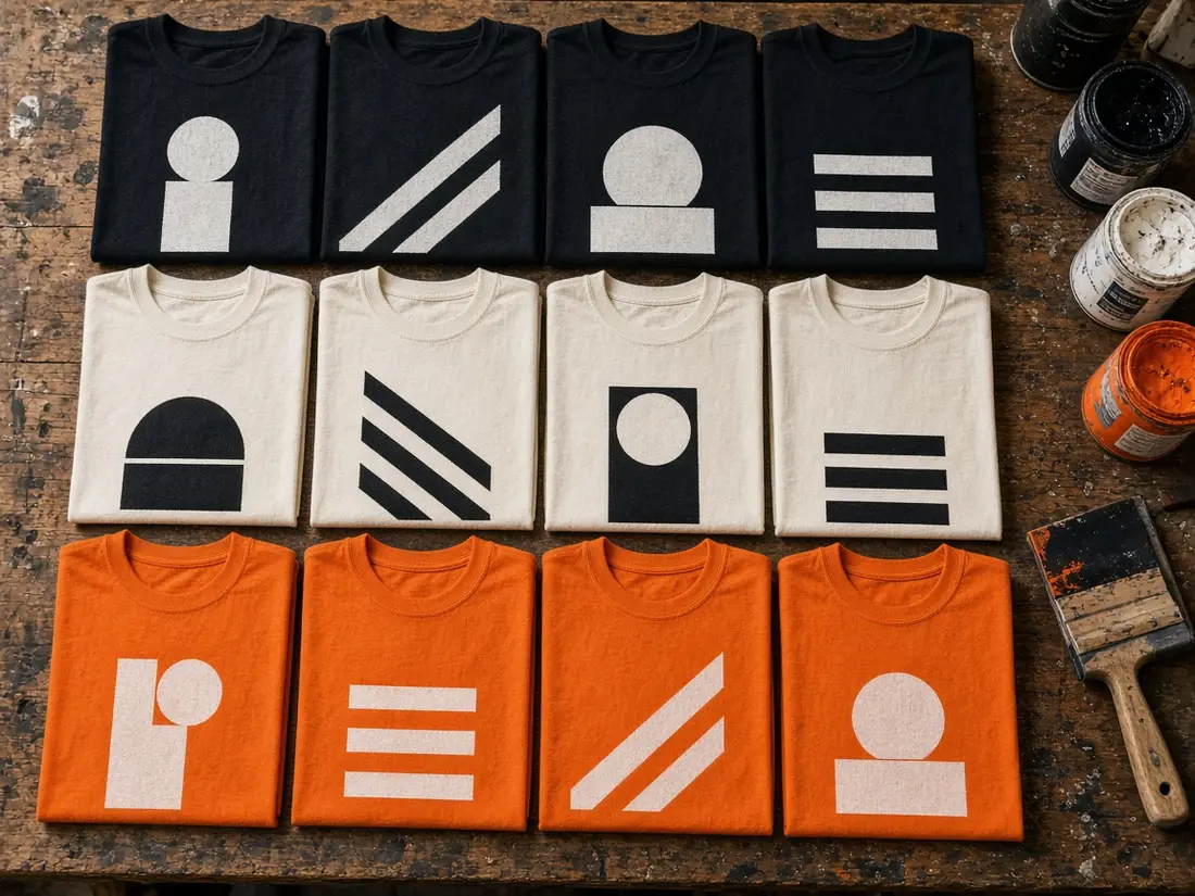 Folded stacks of printed shirts in black, cream and orange